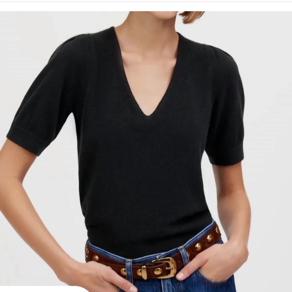 Madewell Cashmere V-Neck Puff-Sleeve Sweater Tee In Black